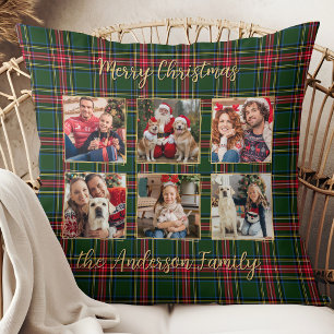 Family Christmas Plaid Gold Custom 6 Photo Collage Cushion