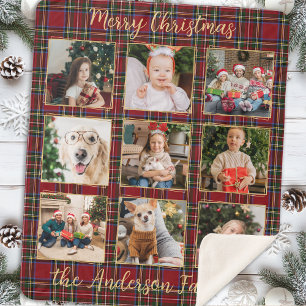 Family Christmas Plaid Gold Custom Photo Collage Sherpa Blanket