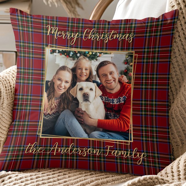 Family Christmas Plaid Gold Personalised 2 Photo Cushion (Creator Uploaded)