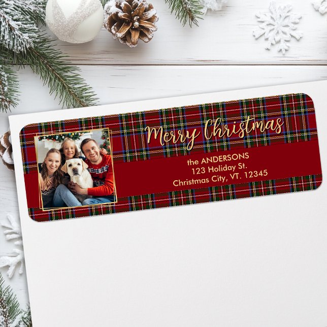 Family Christmas Plaid Gold Photo Return Address (Creator Uploaded)