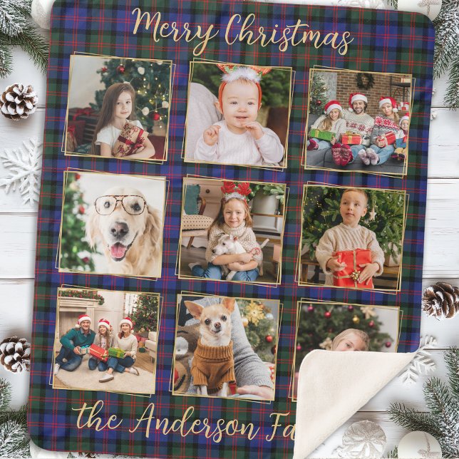 Family Christmas Plaid Personalised Photo Collage Sherpa Blanket (Creator Uploaded)