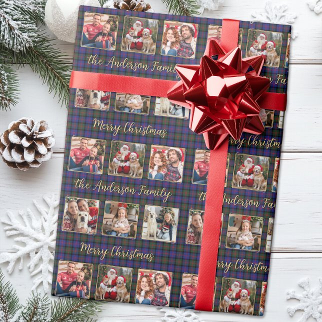 Family Christmas Plaid Personalised Photo Collage Wrapping Paper (Creator Uploaded)