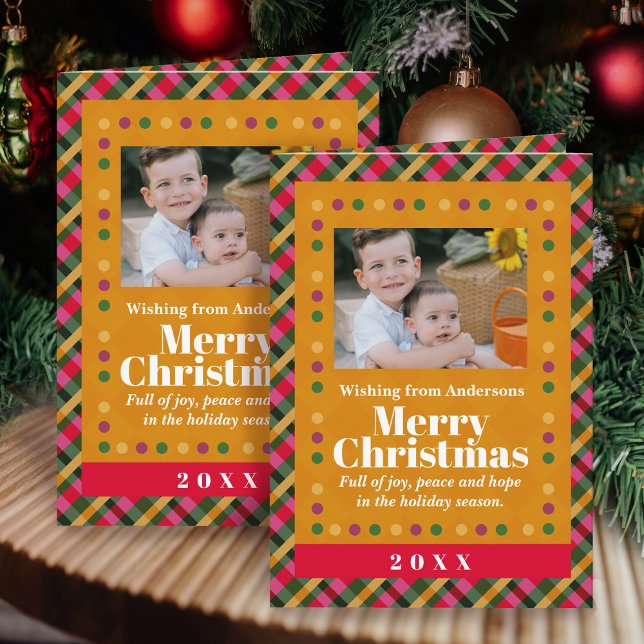Family Christmas Plaid Photo Gold Holiday Postcard (Creator Uploaded)