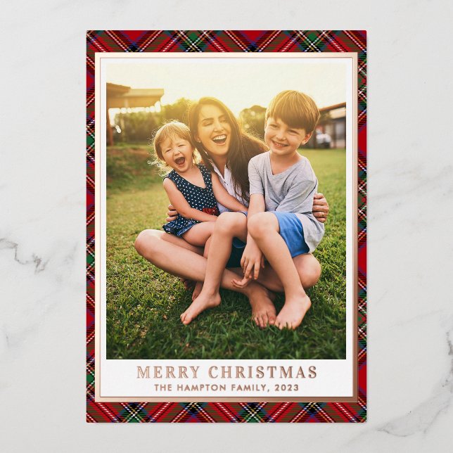 Family Christmas Plaid Photo Stewart Tartan Silver Foil Holiday Card (Front)