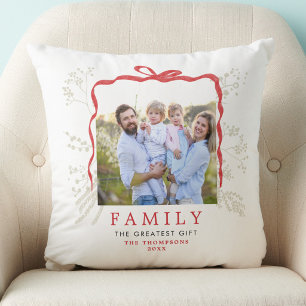 Family Christmas Red Bow Holiday Decor Chic Photo Cushion