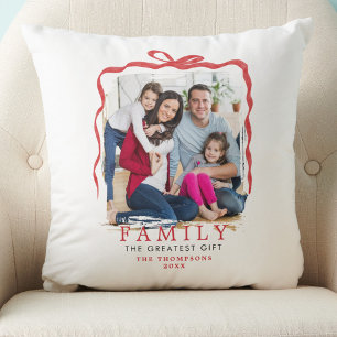Family Christmas Red Bow Holiday Keepsake Photo Cushion