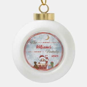 Family Christmas Santa down the Chimney Ceramic Ball Christmas Ornament