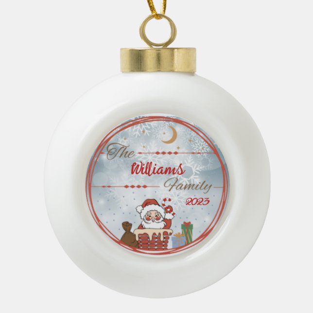 Family Christmas Santa down the Chimney  Ceramic Ball Christmas Ornament (Front)