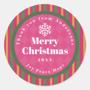 Family Christmas Stripes Thank You Red Classic Round Sticker