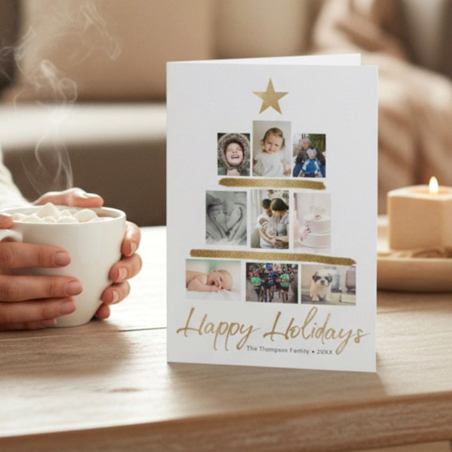 Family Christmas tree photo Collage Year Review Holiday Card (Modern Faux gold star and stroke tree family photo update folded christmas Happy holidays card)