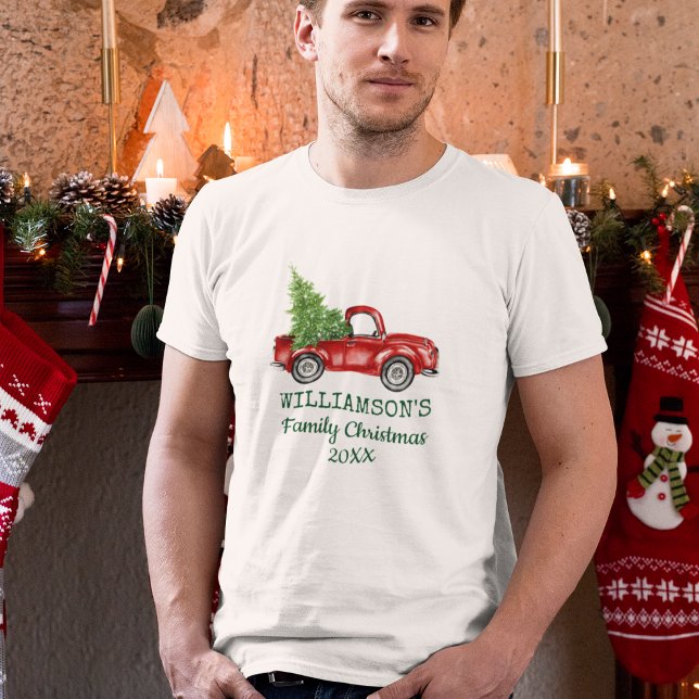 Family Christmas Vintage Red Truck Personalised T-Shirt (Customize to change text color, style or text size.)