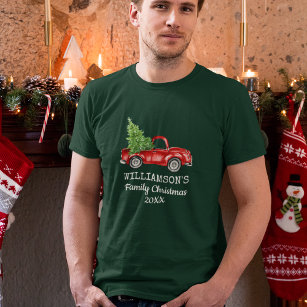 Family Christmas Vintage Truck Personalised Green T-Shirt