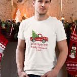 Family Christmas Vintage Truck Personalised T-Shirt<br><div class="desc">Family Christmas Watercolor Vintage Red Truck with Christmas Tree Personalised T-Shirt  - Red Script</div>
