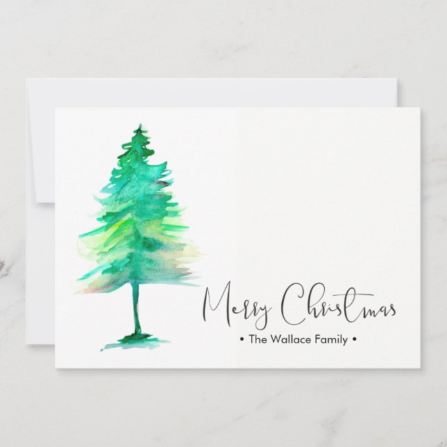 Family Christmas Watercolor Pinetree, Personalised Holiday Card (Front)