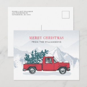 Family Christmas Watercolor Red Truck Holiday Postcard