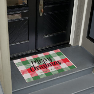 Family Christmas White Green and Red Buffalo Plaid Doormat