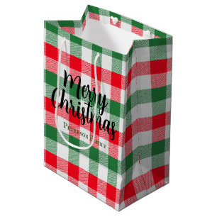 Family Christmas White Green and Red Buffalo Plaid Medium Gift Bag