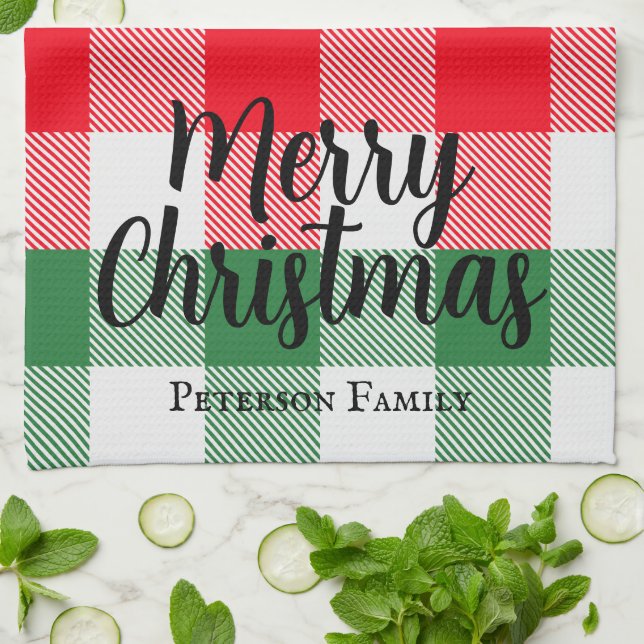 Family Christmas White Green and Red Buffalo Plaid Tea Towel (Folded)