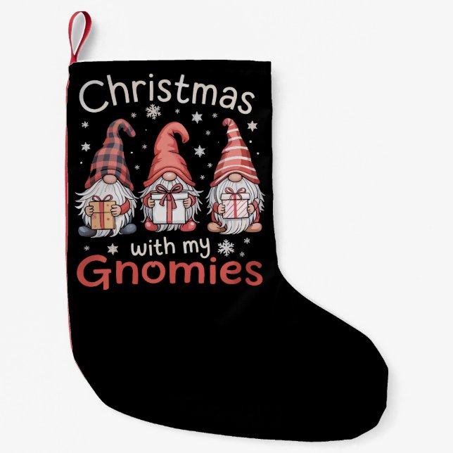 Family Christmas WIth My Gnomies Buffalo Plaid Small Christmas Stocking (Front)