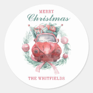 Family Christmas Wreath Red Car Matching Holiday Classic Round Sticker