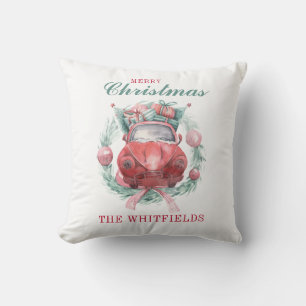Family Christmas Wreath Red Car Matching Holiday Cushion