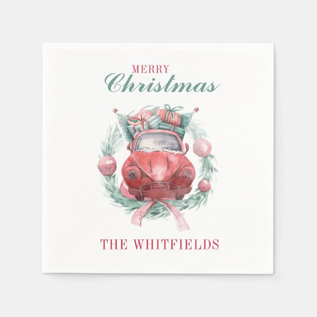 Family Christmas Wreath Red Car Matching Holiday Napkin (Front)