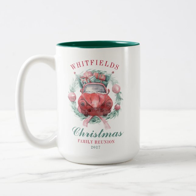 Family Christmas Wreath Red Car Matching Holiday Two-Tone Coffee Mug (Left)