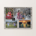 Family collage 4 photos on rustic wood monogram jigsaw puzzle<br><div class="desc">Family photo collage jigsaw puzzle
You can personalize it and add your most beautiful photos,  monogram and family name. Great fun !</div>