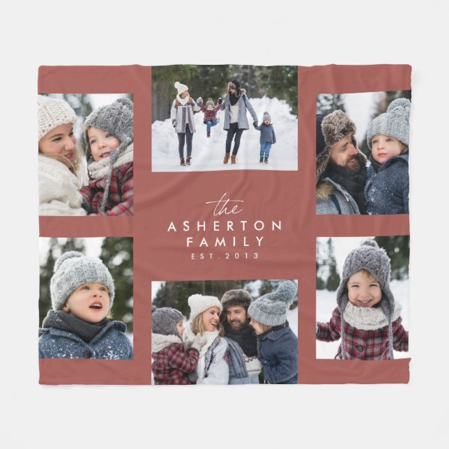 Family collage 6 photo simple modern terracotta fleece blanket (Front (Horizontal))