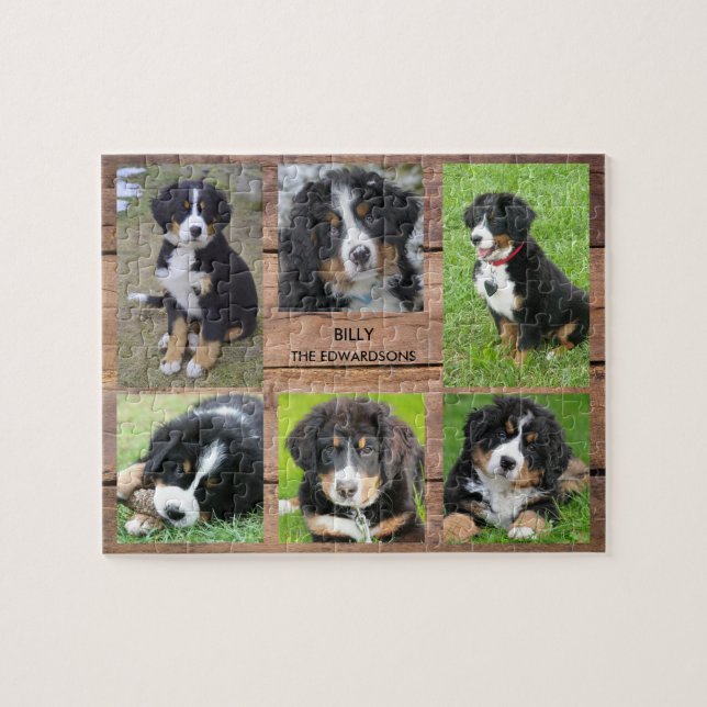 Family collage 6 photos dog and family name jigsaw puzzle (Horizontal)