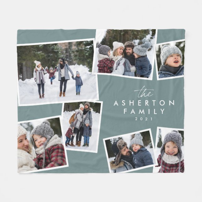 Family collage 7 photo personalised modern teal fleece blanket (Front (Horizontal))