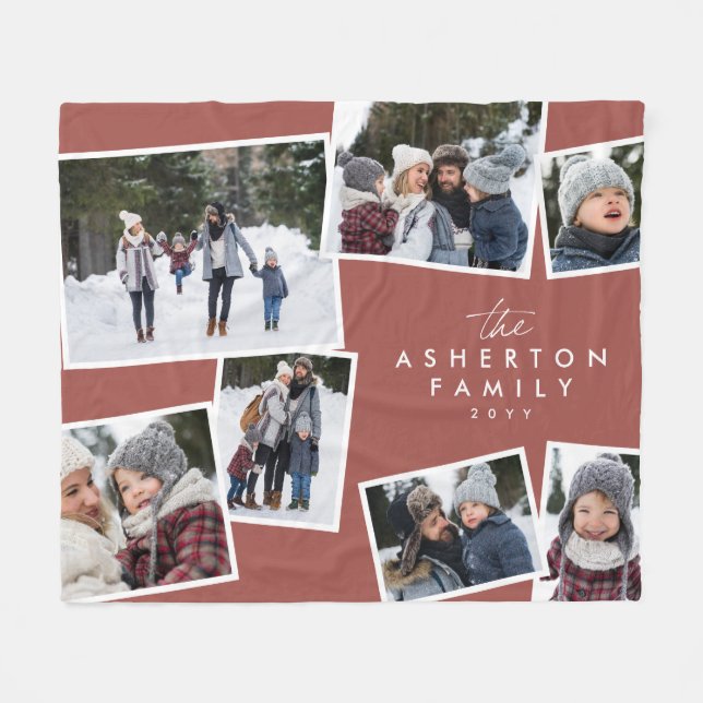 Family collage 7 photo simple modern terracotta fleece blanket (Front (Horizontal))