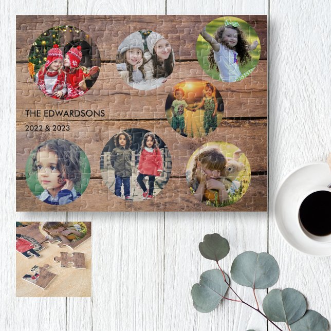 Family collage 7 photos family name unique jigsaw puzzle (Great fun ! Personalized family photo collage, family name and year, jigsaw puzzle. )