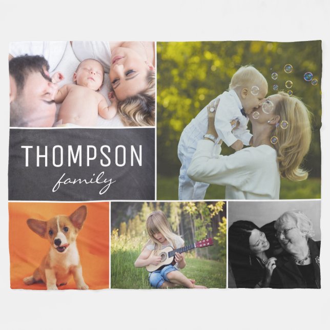 Family Collage Photo Block Grid Fleece Blanket (Front (Horizontal))