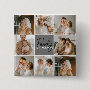 Family Collage Photo & Personalised Grey Gift 15 Cm Square Badge