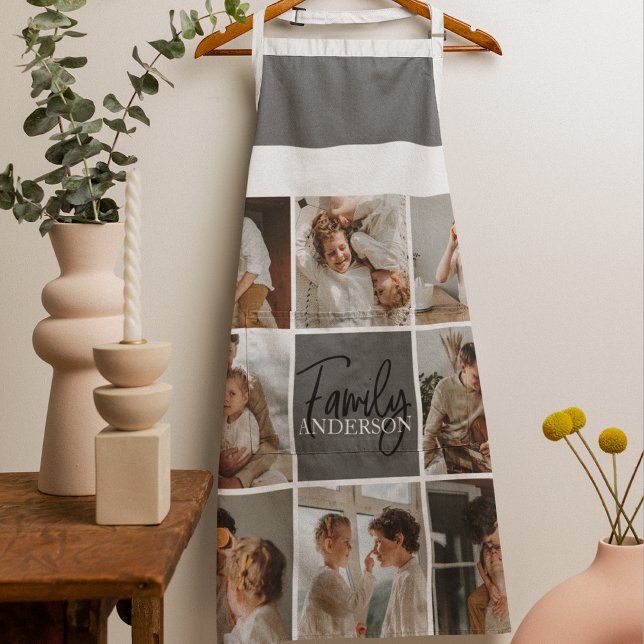 Family Collage Photo & Personalised Grey Gift Apron (Creator Uploaded)