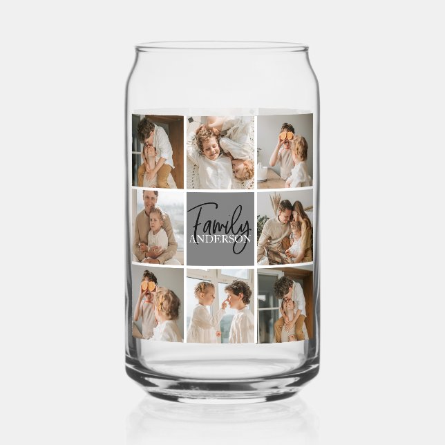 Family Collage Photo & Personalised Grey Gift Can Glass (Front)