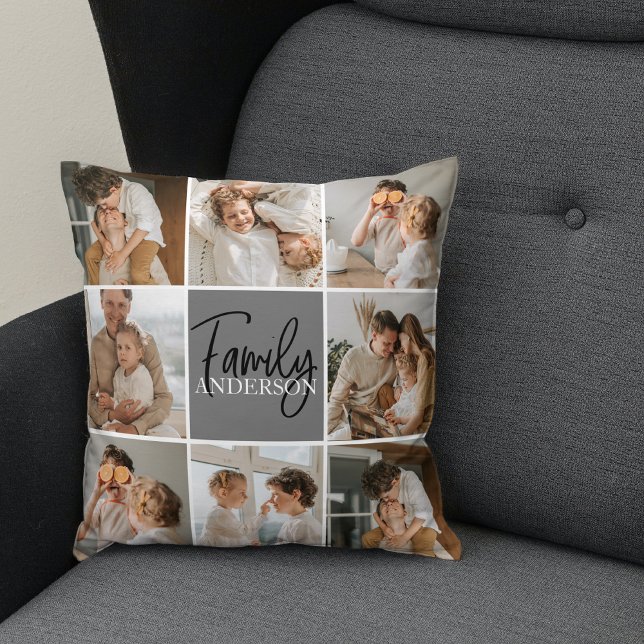 Family Collage Photo & Personalised Grey Gift Cushion (Creator Uploaded)