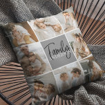 Family Collage Photo & Personalised Grey Gift Cushion<br><div class="desc">Create a beautiful and personalised family collage with eight photos, accompanied by a personalised family name in grey. This unique and thoughtful gift is perfect for commemorating special moments and celebrating the love and bond within a family. The collage features eight carefully selected photos that you can provide, showcasing cherished...</div>