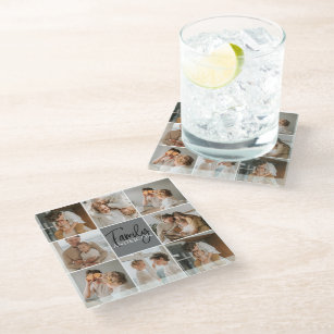Family Collage Photo & Personalised Grey Gift Glass Coaster