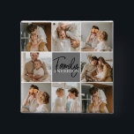 Family Collage Photo & Personalized Grey Gift 15 Cm Square Badge<br><div class="desc">Create a beautiful and personalized family collage with eight photos, accompanied by a personalized family name in grey. This unique and thoughtful gift is perfect for commemorating special moments and celebrating the love and bond within a family. The collage features eight carefully selected photos that you can provide, showcasing cherished...</div>