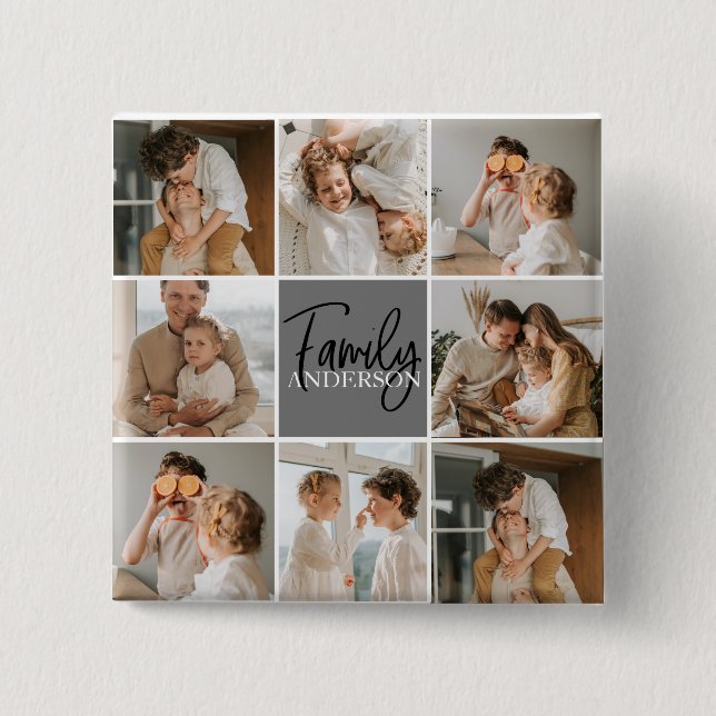 Family Collage Photo & Personalized Grey Gift 15 Cm Square Badge (Front)