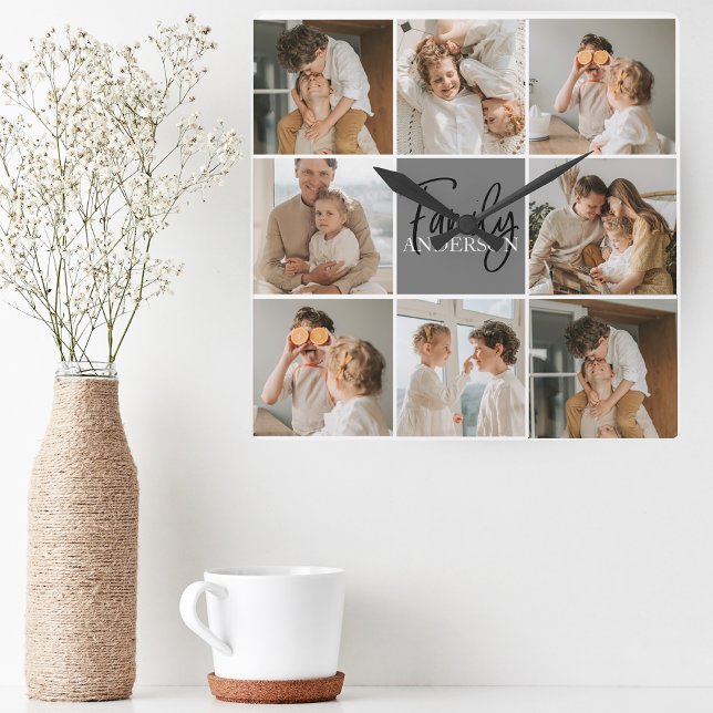 Family Collage Photo & Personalized Grey Gift Square Wall Clock (Creator Uploaded)