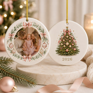Family Coquette Bow Photo Christmas Ceramic Tree Decoration