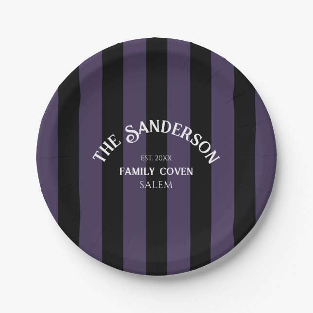 Family Coven Crew Purple Black Stripe Halloween Paper Plate (Front)