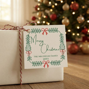 Family Cream Green Red Merry Christmas Wreath Favour Tags