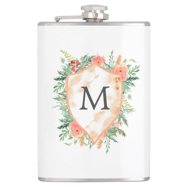 family crest winter floral monogram hip flask (Front)