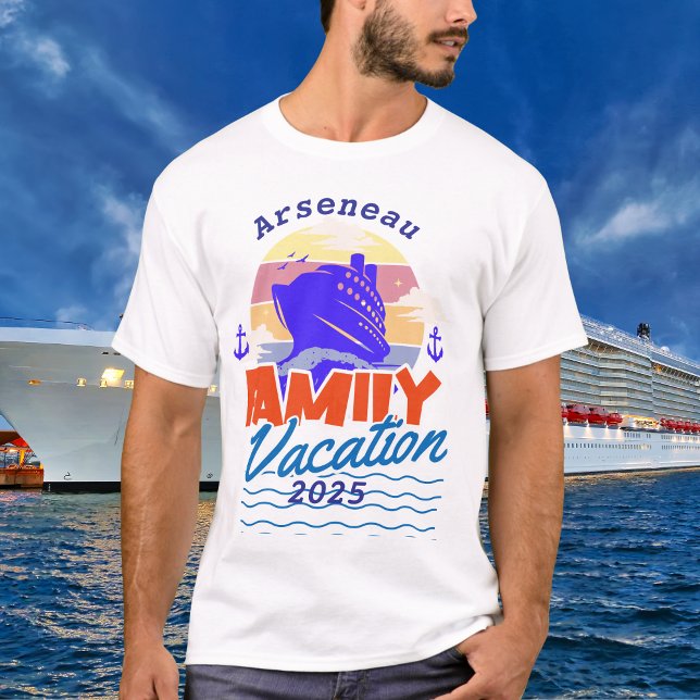Family Cruise Sunset Orange/Blue PERSONALIZE T-Shirt (Personalize this design for your Family Vacation)