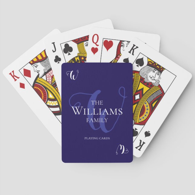 Family Curly Blue Script Monogram Playing Cards (Back)