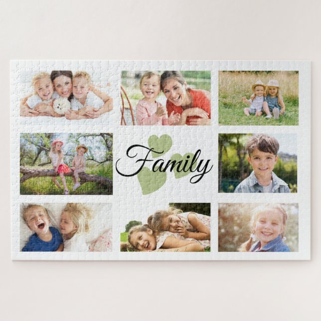 Family Custom 8 Photo Spring White Green Hearts Jigsaw Puzzle (Horizontal)